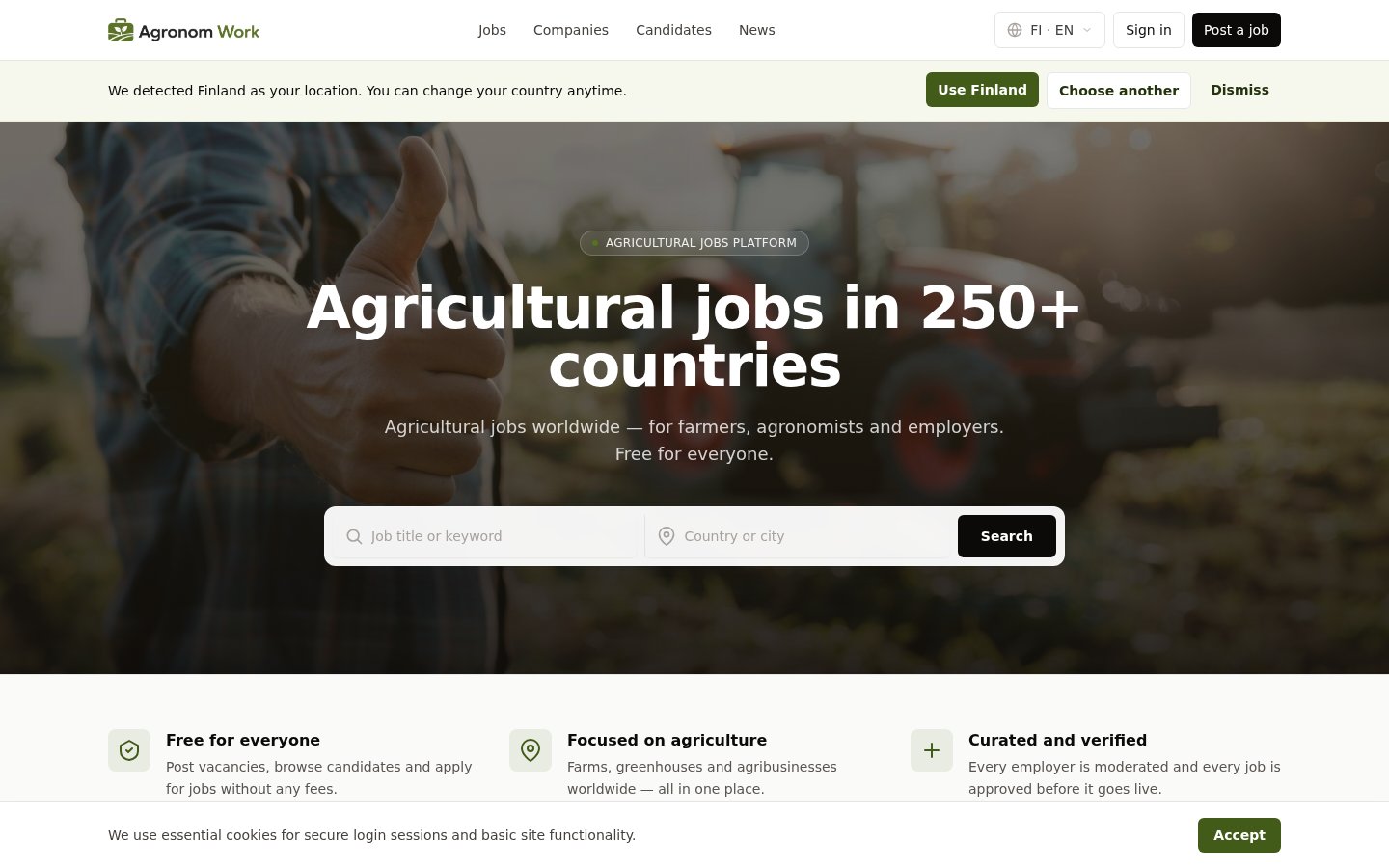The home page — vacancy search with automatic country detection