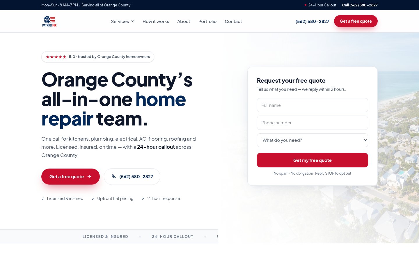 The home page — “Orange County's all-in-one home repair team”, with services and the free-quote call to action