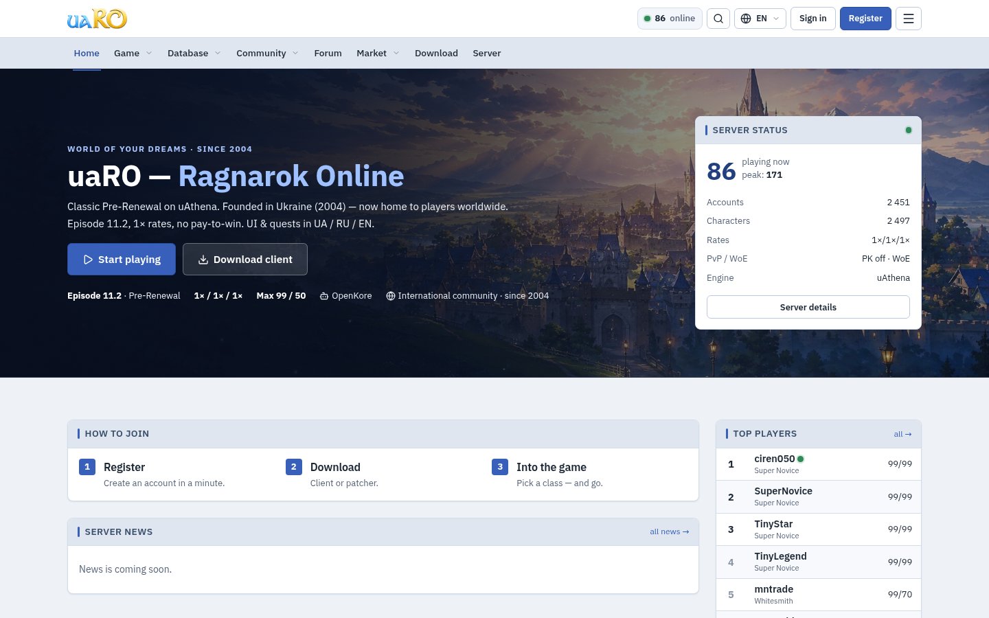 The home page — server status and the top players